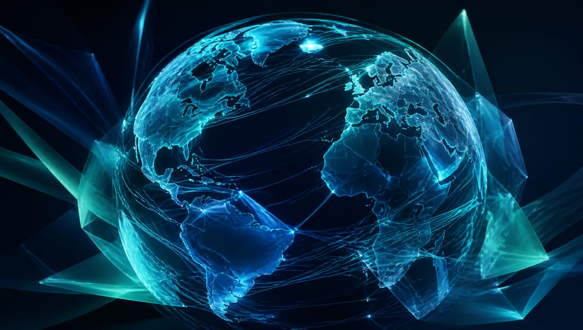 Abstract glass globe with luminous teal and blue connection arcs between continents